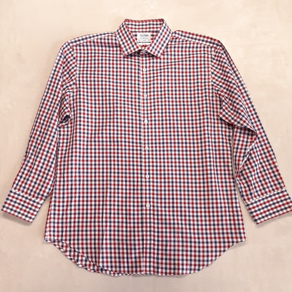 T.M. Lewin Mens Gingham LS Button Shirt 17.5 34.5 Fitted Non-Iron Red White Blue